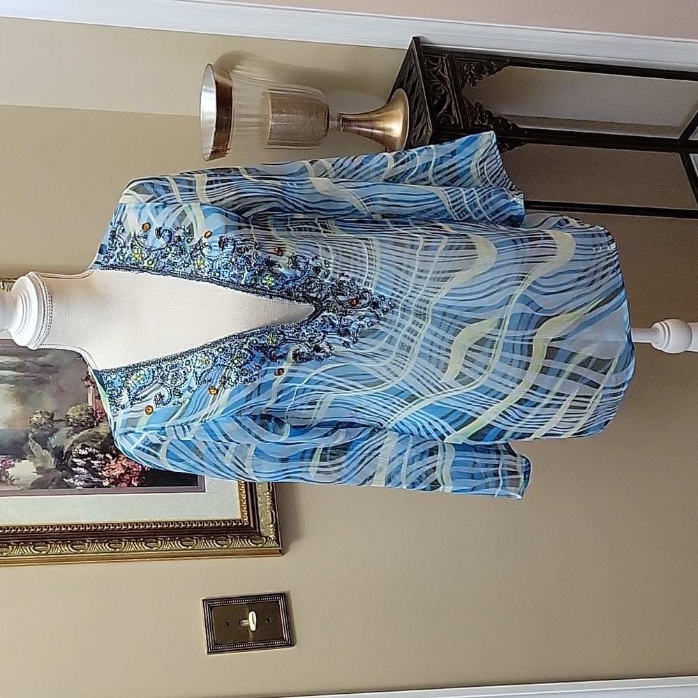 Nicole-Max blue aqua white print beaded semi sheer top Long sleeve Vneck…M NEW